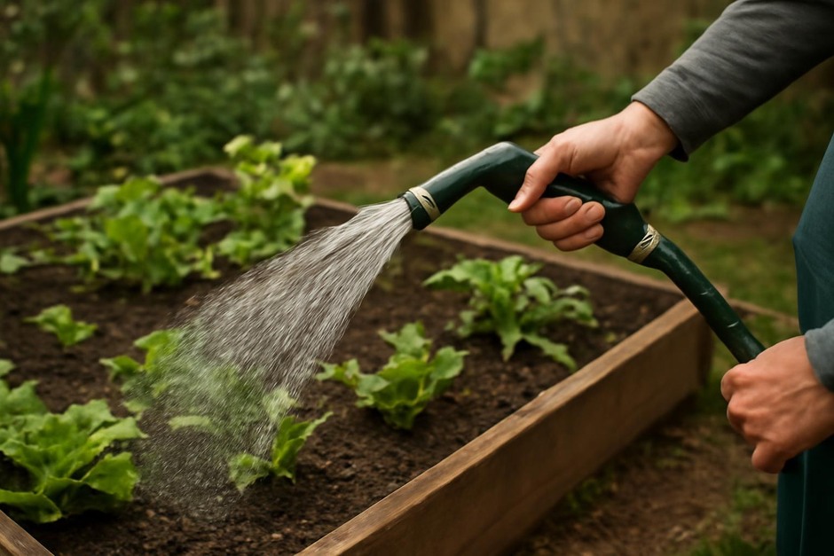 Hands using a watering wand over a raised bed